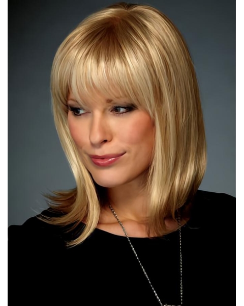 Fabulous Blonde Straight Shoulder Length With Bangs Lace Front Synthetic Women Wigs