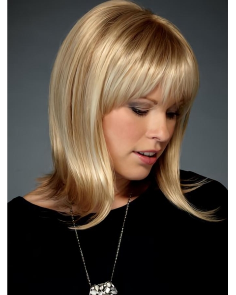 Fabulous Blonde Straight Shoulder Length With Bangs Lace Front Synthetic Women Wigs