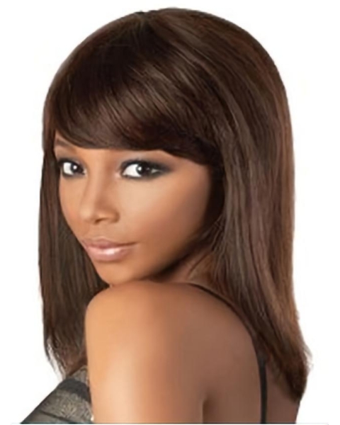 Fashion Auburn Straight Shoulder Length Capless Human Hair African American Wigs