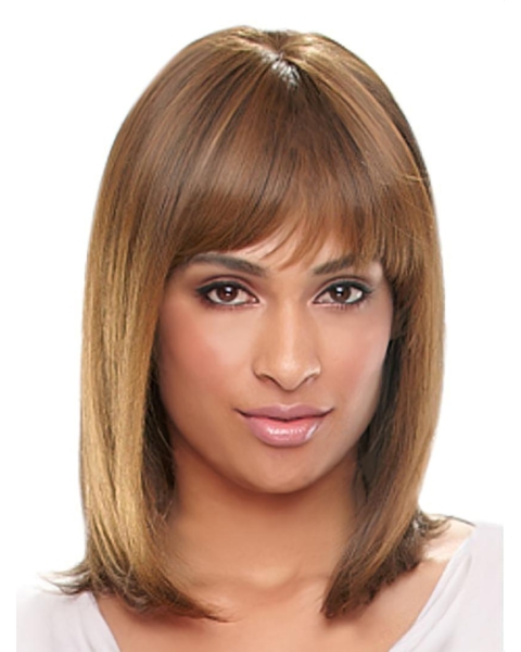 Exquisite Auburn Straight Shoulder Length With Bangs Capless Synthetic African American Wigs