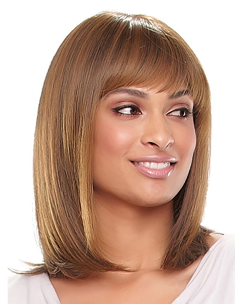 Exquisite Auburn Straight Shoulder Length With Bangs Capless Synthetic African American Wigs