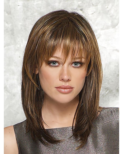 Brown Ideal Straight With Bangs Capless Synthetic Medium Women Wigs