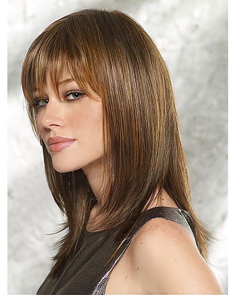 Brown Ideal Straight With Bangs Capless Synthetic Medium Women Wigs