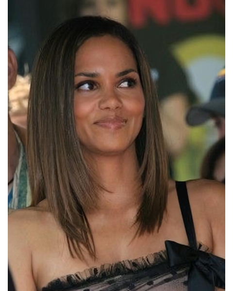 Halle Berry Gorgeous and Exquisite Mid-length Straight Layered Glueless Lace Front Human Hair Wig 14 Inches