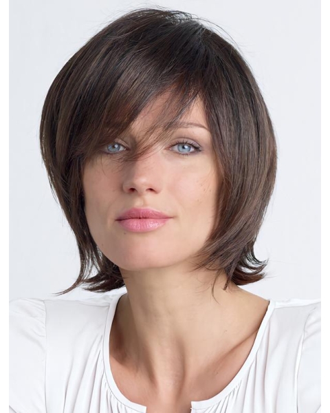 Brown Shoulder Length Straight With Bangs Lace Front Fantastic Human Hair Women Wigs