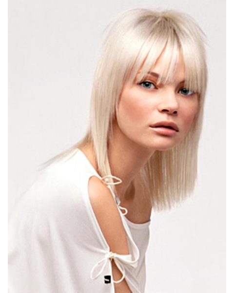 Young Fashion Platinum Blonde With Bangs Shoulder Length Straight Lace Front Wigs