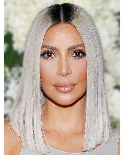  Straight Without Bangs Medium Length Lace Front Synthetic Grey Kim Kardashian Wigs