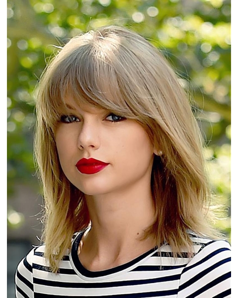  Blonde Shoulder Length  Straight With Bangs Lace Front Synthetic Taylor Swift Women Wigs