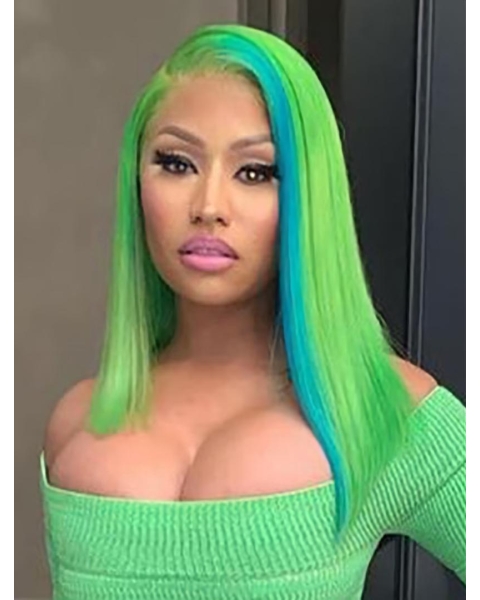  Straight Without Bangs Shoulder Length Lace Front Synthetic Green Minaj Wigs