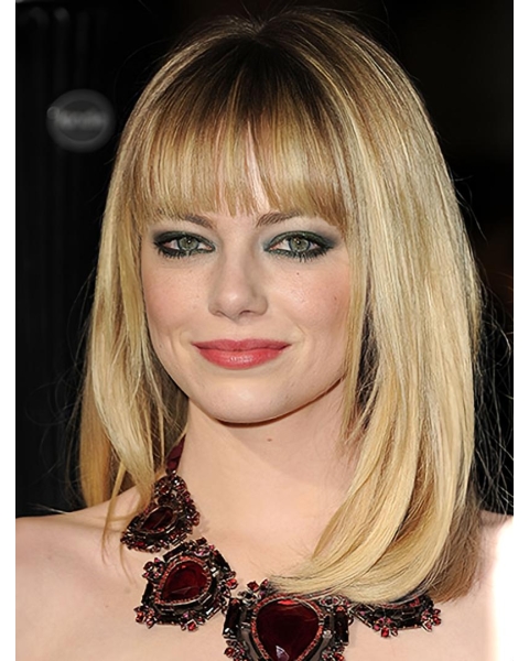 Full Lace Shoulder Length Blonde Straight With Bangs Synthetic Emma Stone Wigs