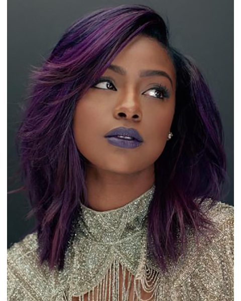 Purple Shoulder Length Straight Lace Front Layered Synthetic Women Justine Skye Wigs