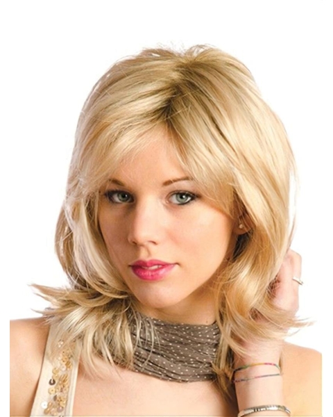 Blonde Wavy Without Bangs  Shoulder Length Monofilament Synthetic Women Wigs