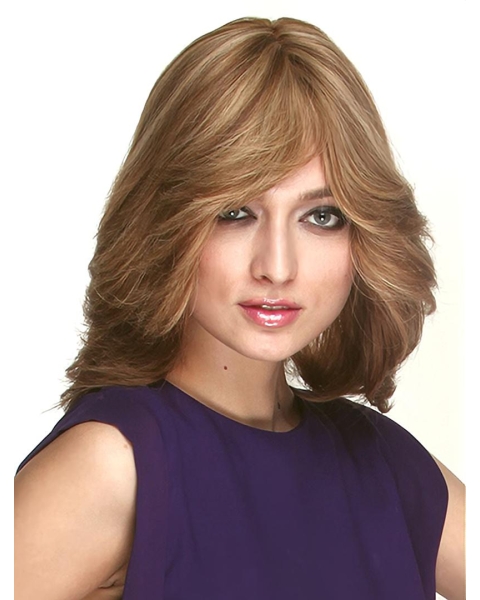 Brown Wavy With Bangs Shoulder Length Monofilament Human Hair Women Wig