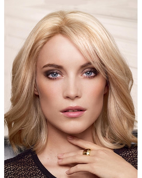 Blonde Wavy Layered Medium Length Capless Human Hair Wigs For Women