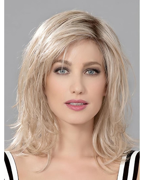 Blonde Wavy Shoulder Length Layered Mono Human Hair Wigs For Lady