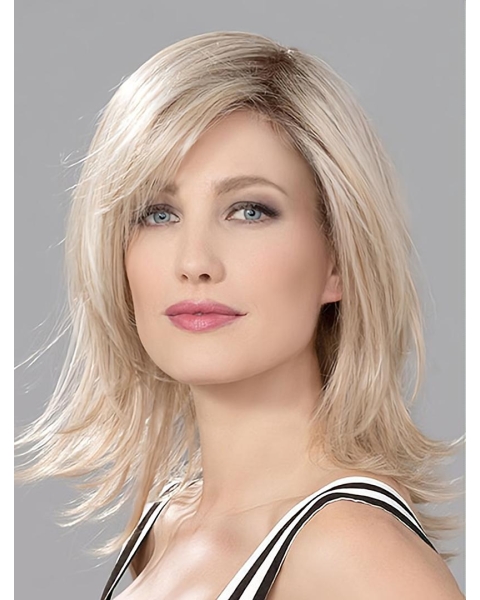 Blonde Wavy Shoulder Length Layered Mono Human Hair Wigs For Lady