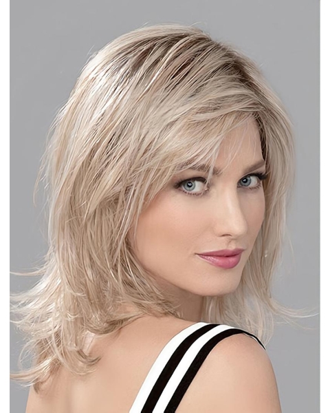 Blonde Wavy Shoulder Length Layered Mono Human Hair Wigs For Lady