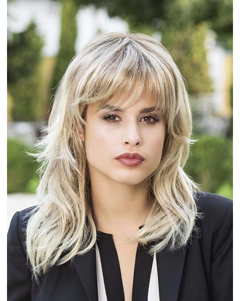 Platinum Blonde Wavy With Bangs Medium Length Capless Synthetic Women Wigs