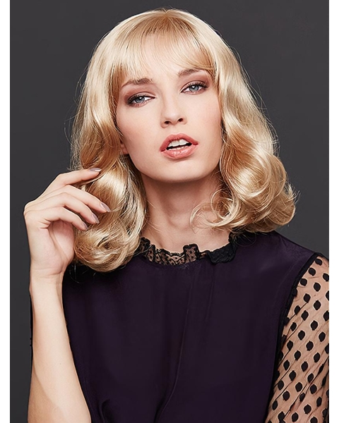  Blonde Shoulder Length With Bangs Wavy Lace Front Synthetic Women Wigs