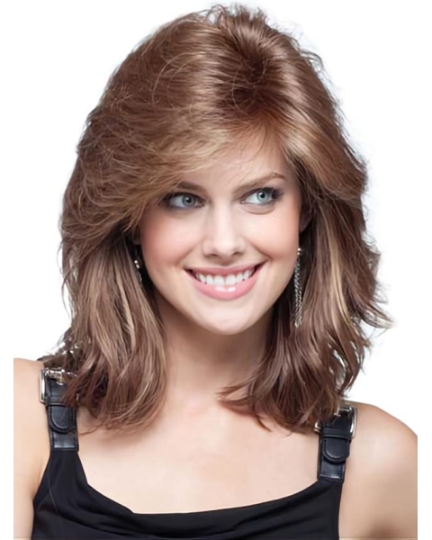 Flexibility Auburn Wavy Shoulder Length Remy Human Lace Wigs