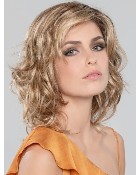 Ideal Blonde Wavy Without Bangs Shoulder Length Monofilament Synthetic Women Wigs