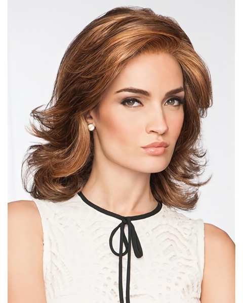 Shoulder Length Copper Wavy Without Bangs Monofilament Classic Synthetic Women Wigs