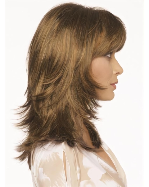 Brown Shoulder Length Wavy With Bangs Mono Classic Synthetic Women Wigs