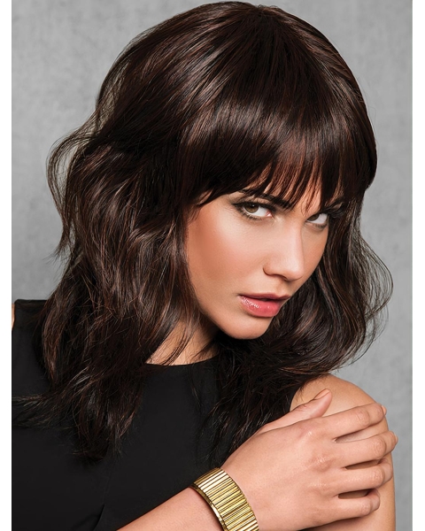 Medium Brown Wavy With Bangs Capless Synthetic Wigs For Women