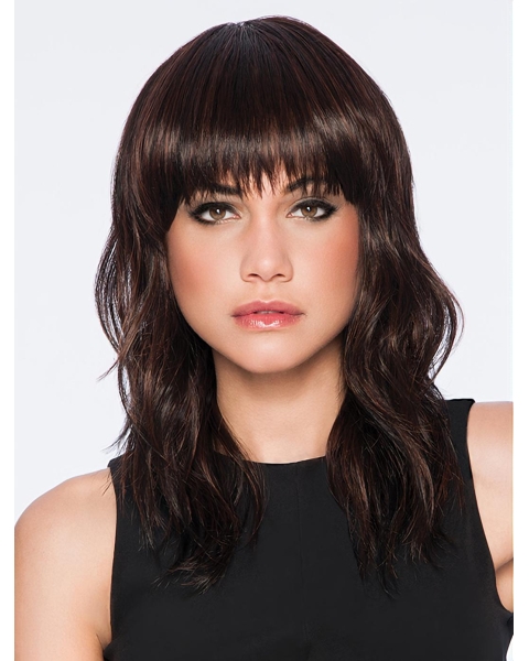 Medium Brown Wavy With Bangs Capless Synthetic Wigs For Women