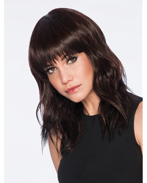 Medium Brown Wavy With Bangs Capless Synthetic Wigs For Women