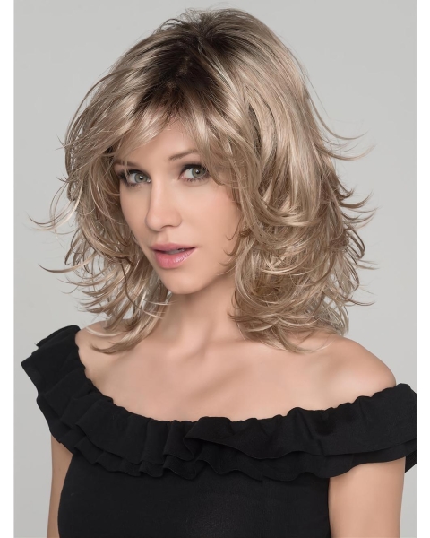 New Blonde Shoulder Length Wavy Lace Synthetic Women Wigs 