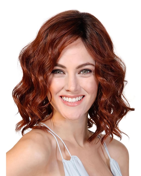 Red Wavy Without Bangs Mono Synthetic Women Wigs For Cancer Patients