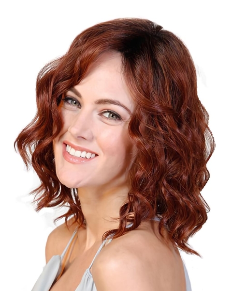 Red Wavy Without Bangs Mono Synthetic Women Wigs For Cancer Patients