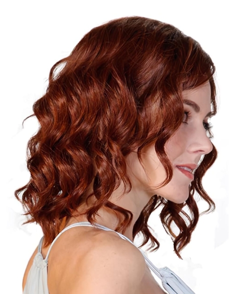 Red Wavy Without Bangs Mono Synthetic Women Wigs For Cancer Patients