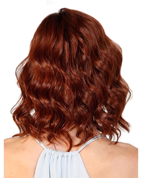 Red Wavy Without Bangs Mono Synthetic Women Wigs For Cancer Patients