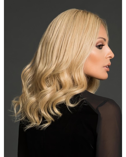 Discount Wavy Shoulder Length Blonde Remy Human Hair 100% Hand-tied Wigs