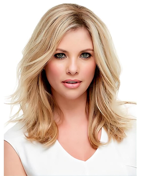 16" Blonde Wavy Without Bangs Mono Top Human Hair Women Wigs