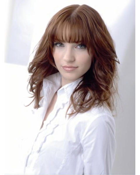 Amazing Auburn Wavy With Bangs Shoulder Length Capless Human Hair Women Wigs