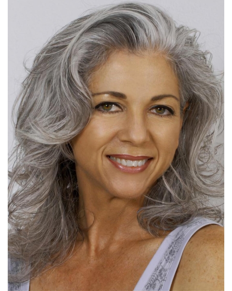  Shoulder Length Wavy Hand Tied Human Hair Grey Lady Wigs 