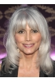 Silver Lady Shoulder Length Wavy With Bangs Lace Front Synthetic Grey Women Wigs