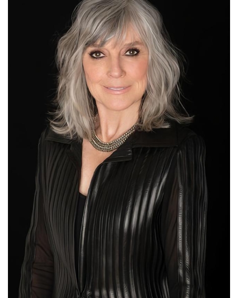 Mature Shoulder Length Wavy Hand Tied Grey Synthetic Women Wigs 