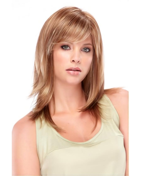 Blonde Wavy With Bangs Shoulder Length Lace Front Synthetic Women Wigs