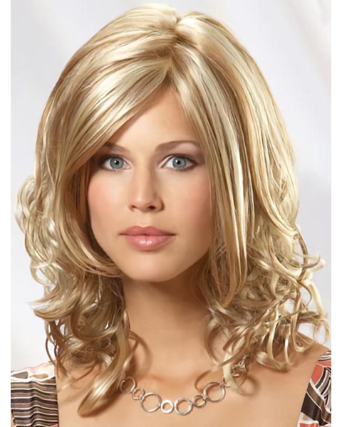 Gentle Blonde Wavy Shoulder Length Mono Top Human Hair Women Wigs For Cancer