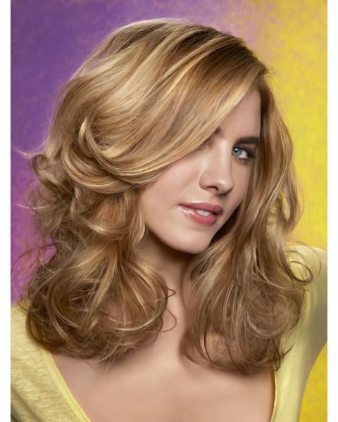 Flexibility Blonde Wavy Shoulder Length Lace Front Synthetic Women Wigs