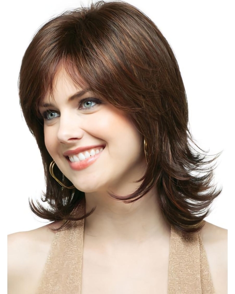 Unique Brown Wavy Shoulder Length Capless Classic Synthetic Women Wigs