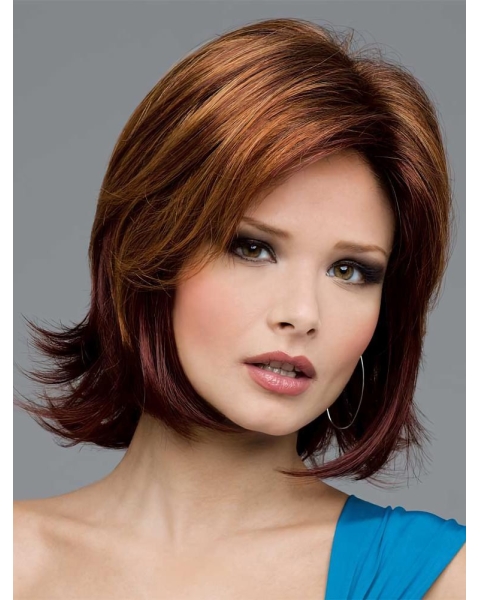  Preferential Auburn Medium Wavy Mono Top Synthetic Women Wigs