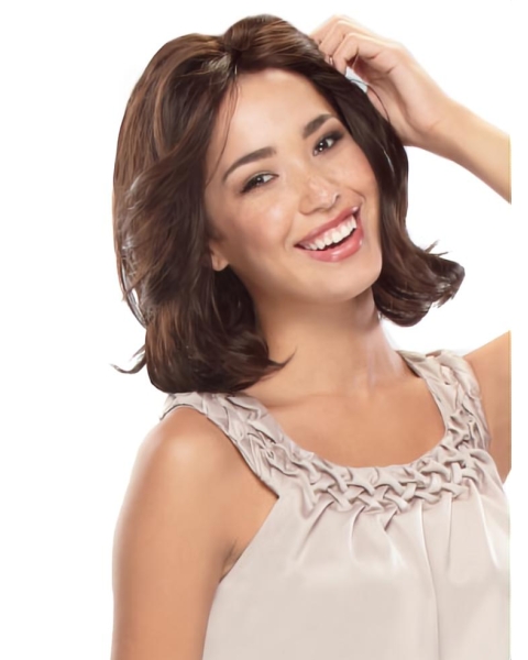 Convenient Auburn Wavy Shoulder Length Remy Human Hair Lace Women Wigs