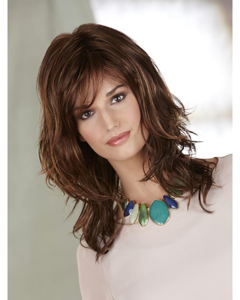 Affordable Auburn Wavy Shoulder Length Capless Synthetic Women Wigs