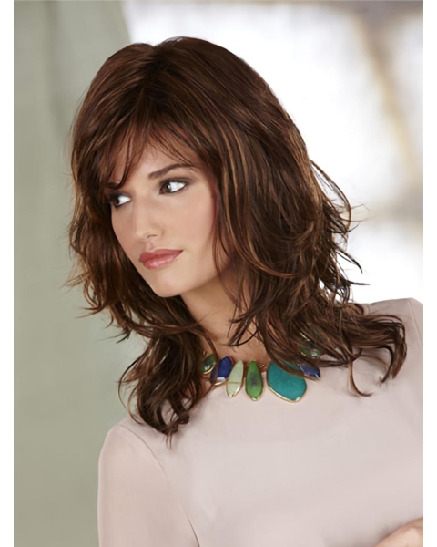 Affordable Auburn Wavy Shoulder Length Capless Synthetic Women Wigs