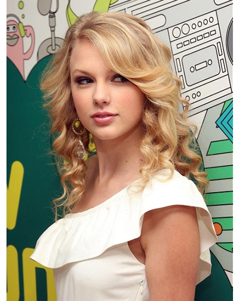 Comfortable Blonde Wavy Shoulder Length Hand-tied Mono Top Human Hair Women Taylor Swift Wigs